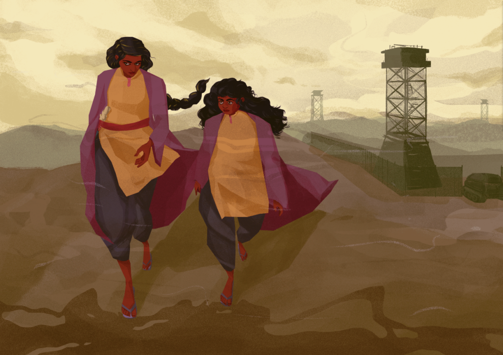 drawing: two women walk in a desolate landscape