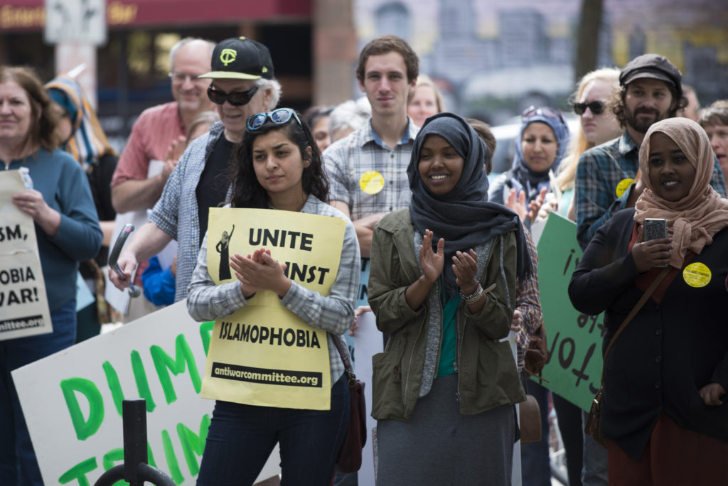 crowd at a protest against Islamophobia