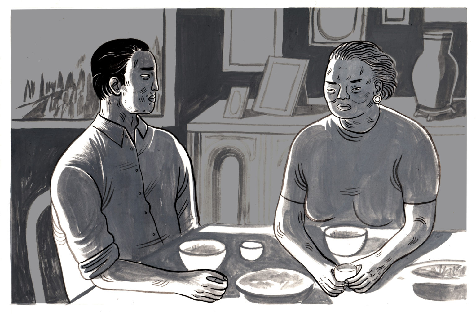 two figures at a table, holding cups of tea