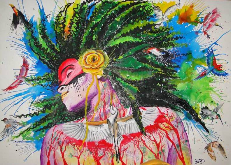 colourful artwork of a person with a big afro and closed eyes, and birds