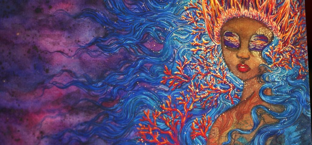 colourful drawing of a person with cascading blue hair