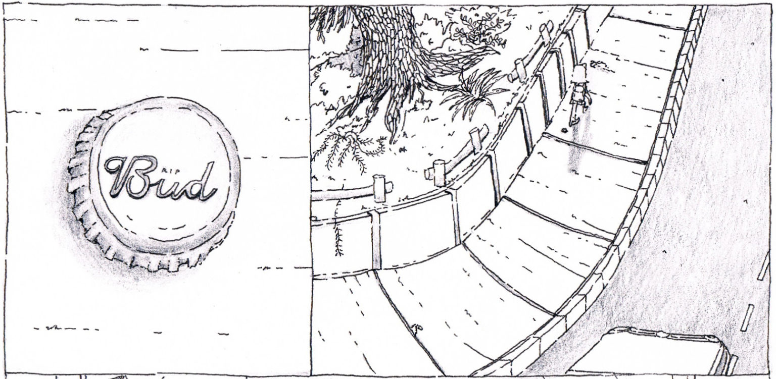 comic: first panel shows a bottle cap that says "RIP Bud". second panel shows a figure walking down a footpath.