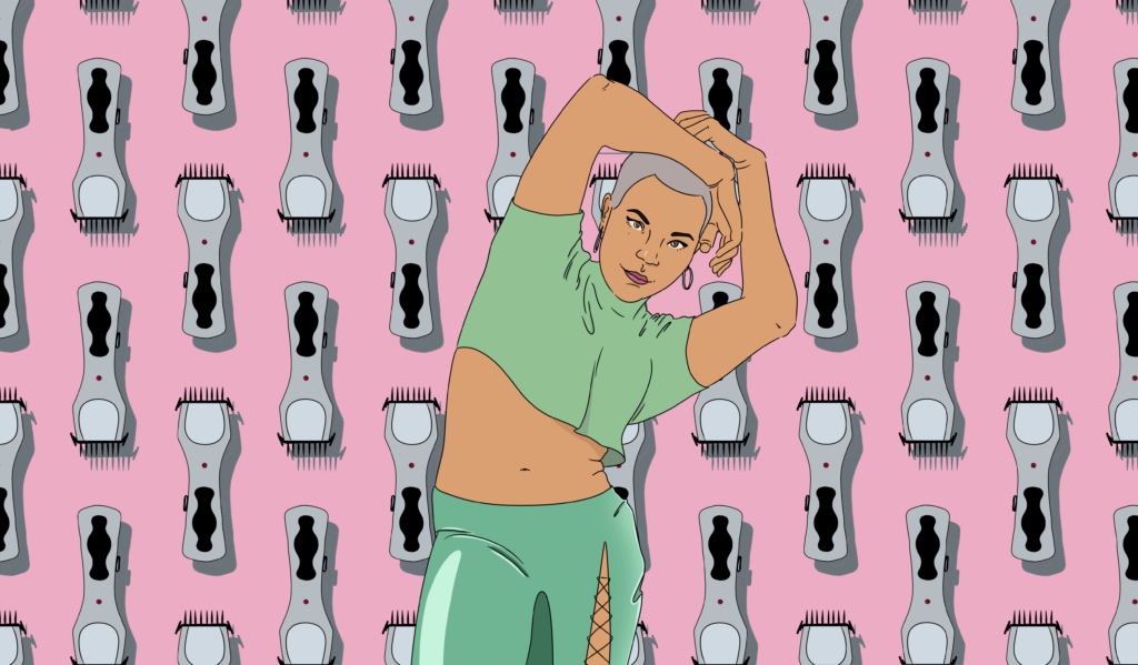 drawing of lots of hair clippers on a pink background a figure in a green crop top, stretching
