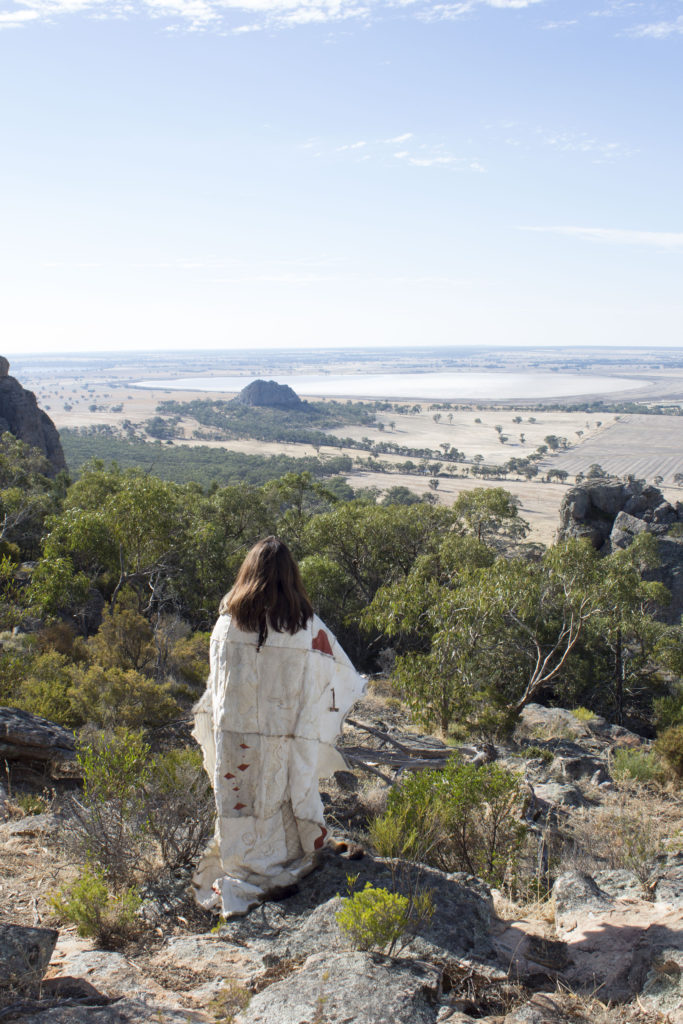 the back of a person standing on a mountain, looking down at fields