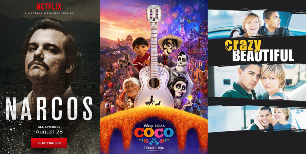 collage of posters for Narcos, Coco and Crazy Beautiful