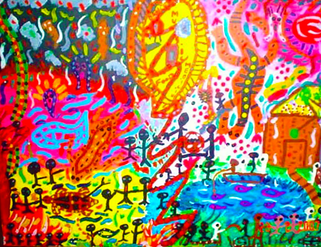 colourful artwork with many small figures, goanna, and a house