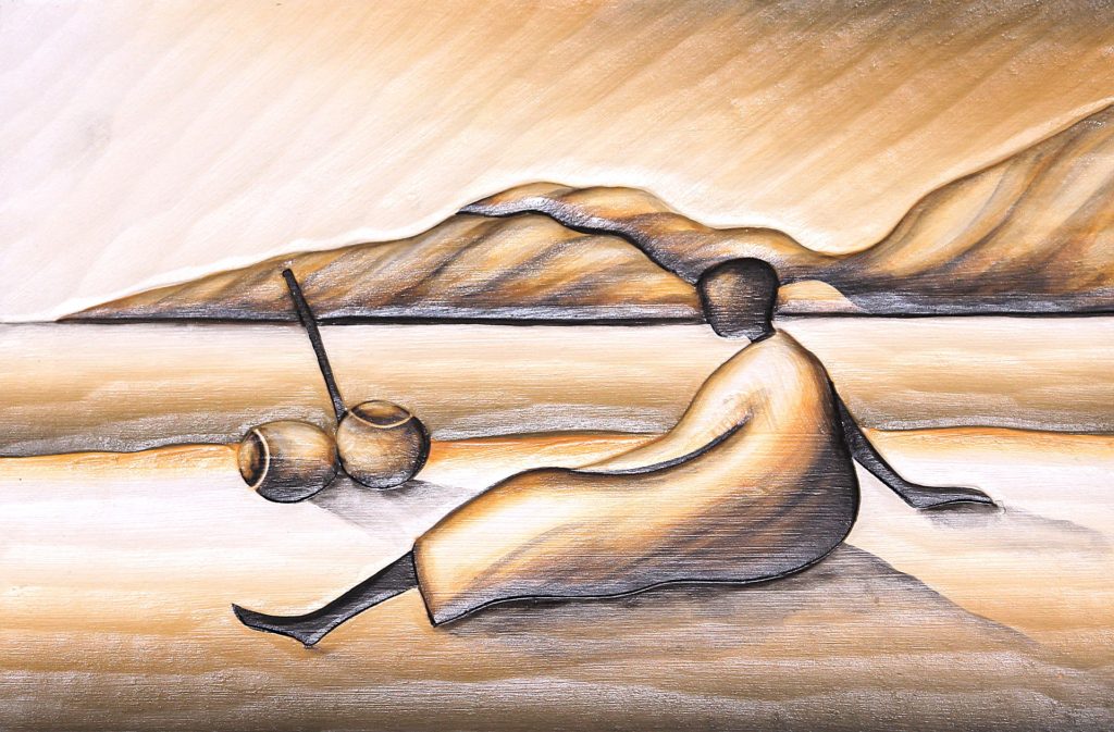 drawing: faceless figure wearing long gown, lying on the shore