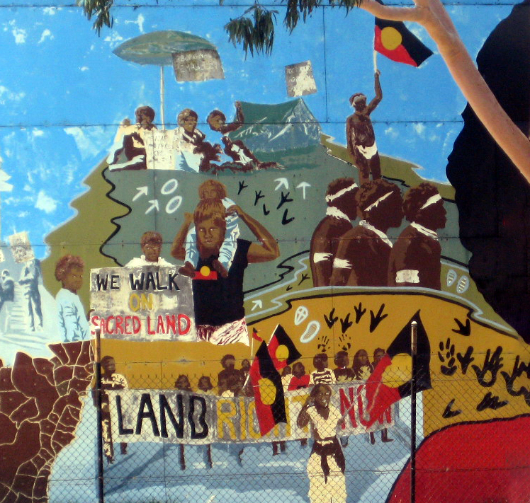 mural showing Aboriginal history with a land rights protest and the tent embassy