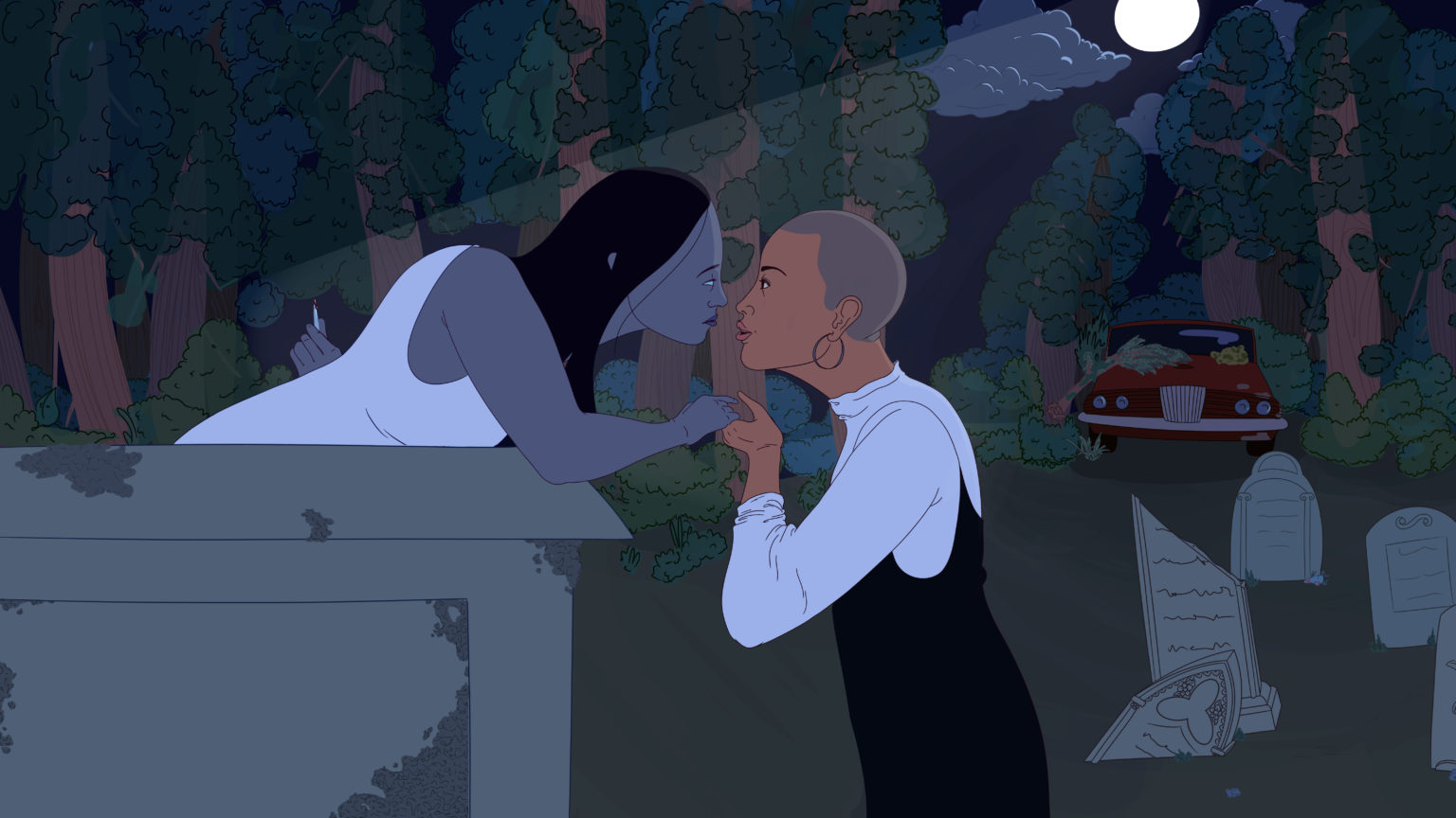 drawing: in a cemetary, a woman with a shaved head holds hands and leans in close to a grey-skinned woman with long black hair