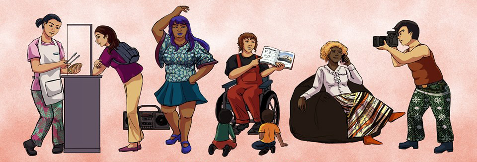 drawing: six figures at work and play - making food, reading to children, taking photos