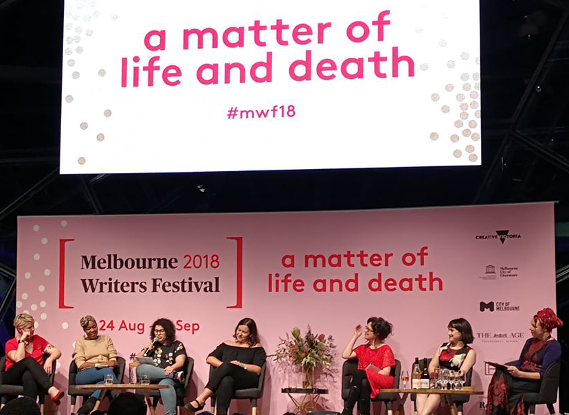 seven panellists onstage at Melbourne Writers Festival event "A Matter of Life and Death" including Djed Press founder Hella Ibrahim