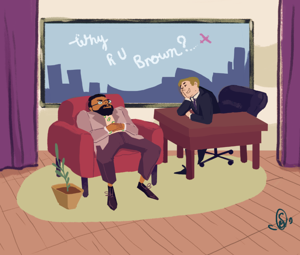drawing: a brown man leans back in an armchair while a white man listens, writing in the sky outside says "Why R U Brown?"