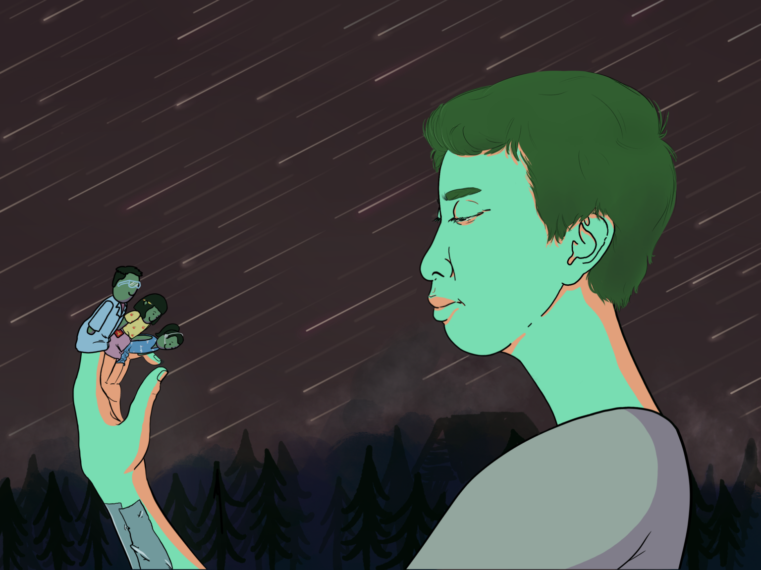 drawing showing a short-haired figure with three tiny figures as finger puppets