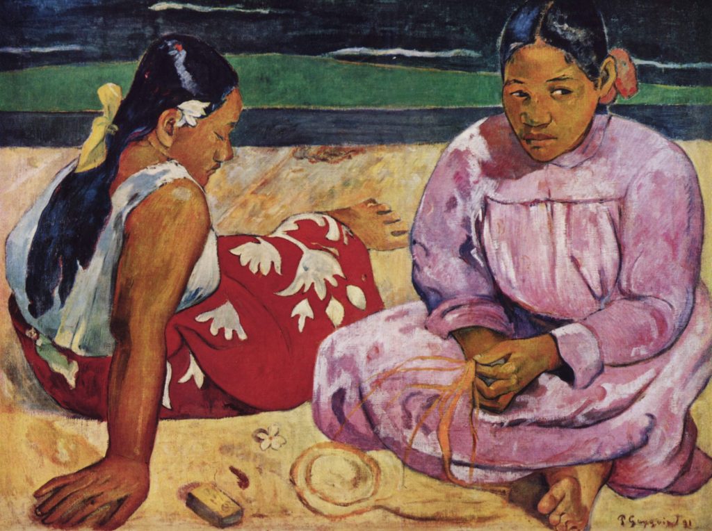 painting of two women, one cross-legged in a pink dress, one leaning back and facing away, wearing a red skirt and white top, ocean in the background