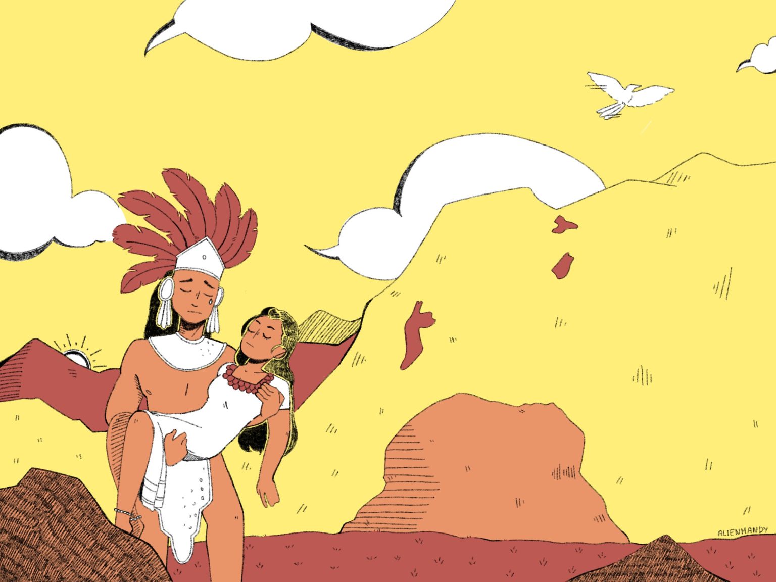 drawing of a man in chest plate and feathered headdress carrying a woman with long hair