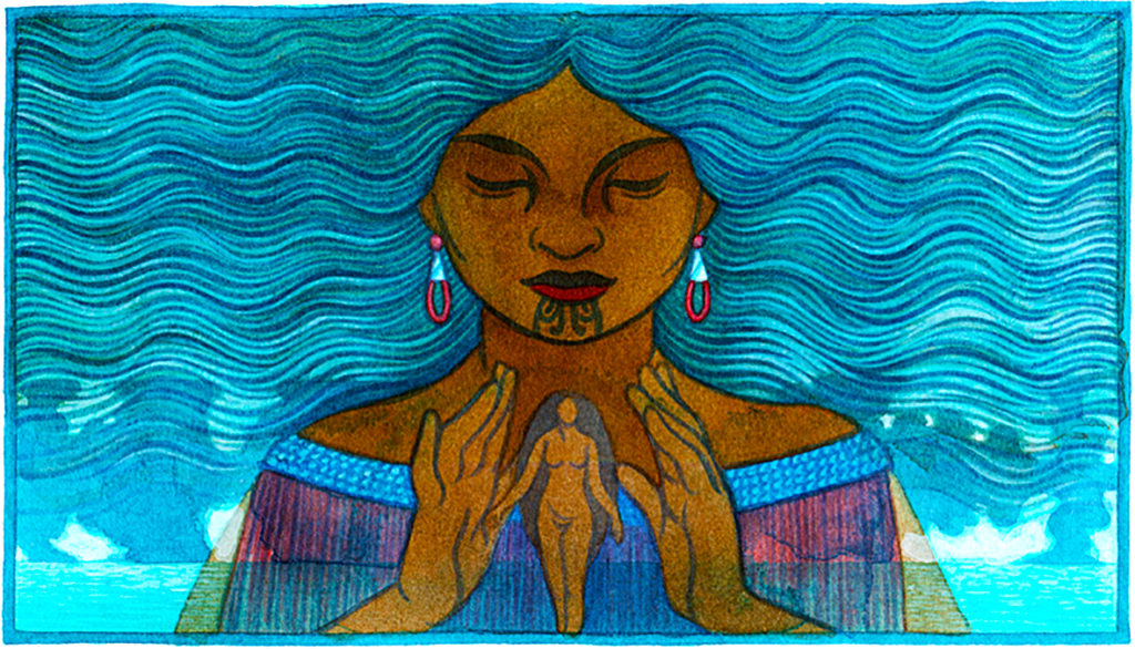 Drawing of a goddess with wavy blue hair and moko on her chin