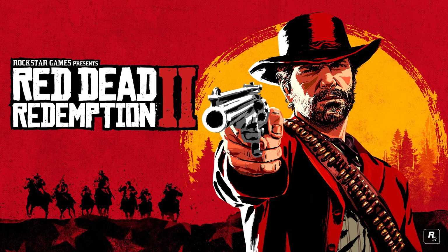 image of a man pointing a gun, sunset in the background, and text 'Rockstar Games presents Red Dead Redemption II'