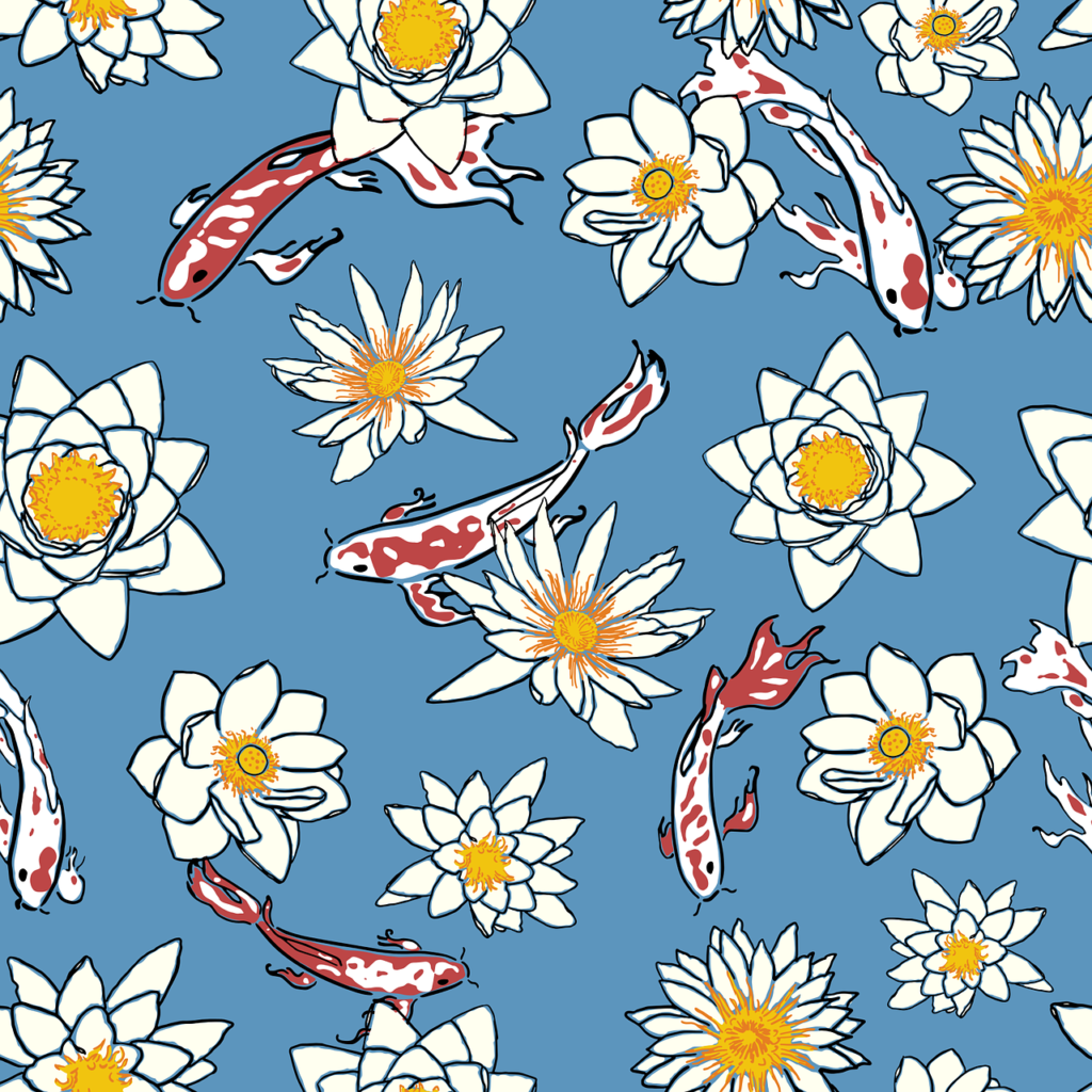a graphic showing fish and flowers on a blue background