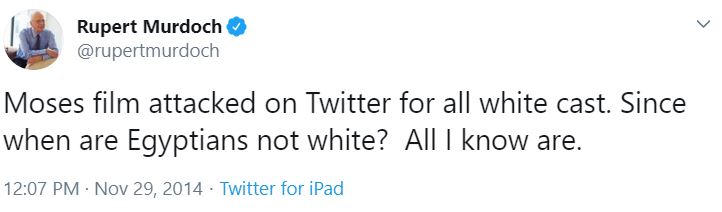 tweet by rupert murdoch defending whitewashing