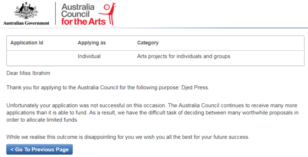Screenshot of the Australia Council for the Arts grant portal website, showing a grant rejection