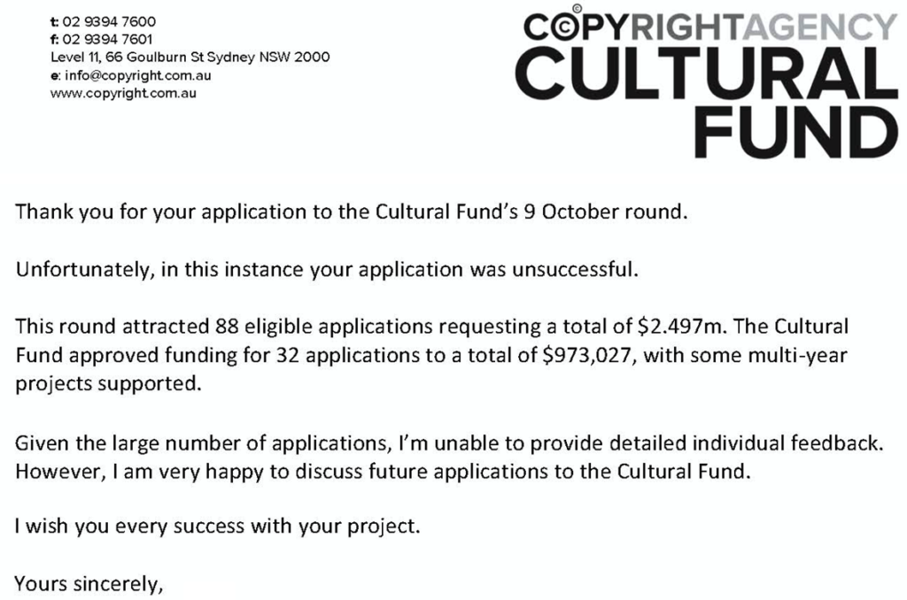 Screenshot of PDF, a grant rejection letter from the Copyright Agency