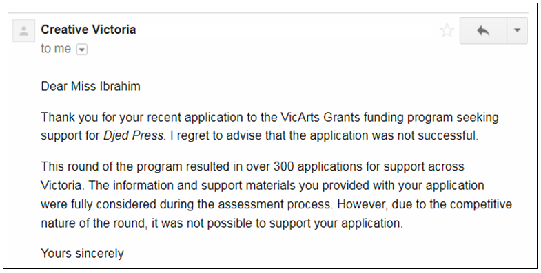 Screenshot of an email from Creative Victoria, a grant application rejection